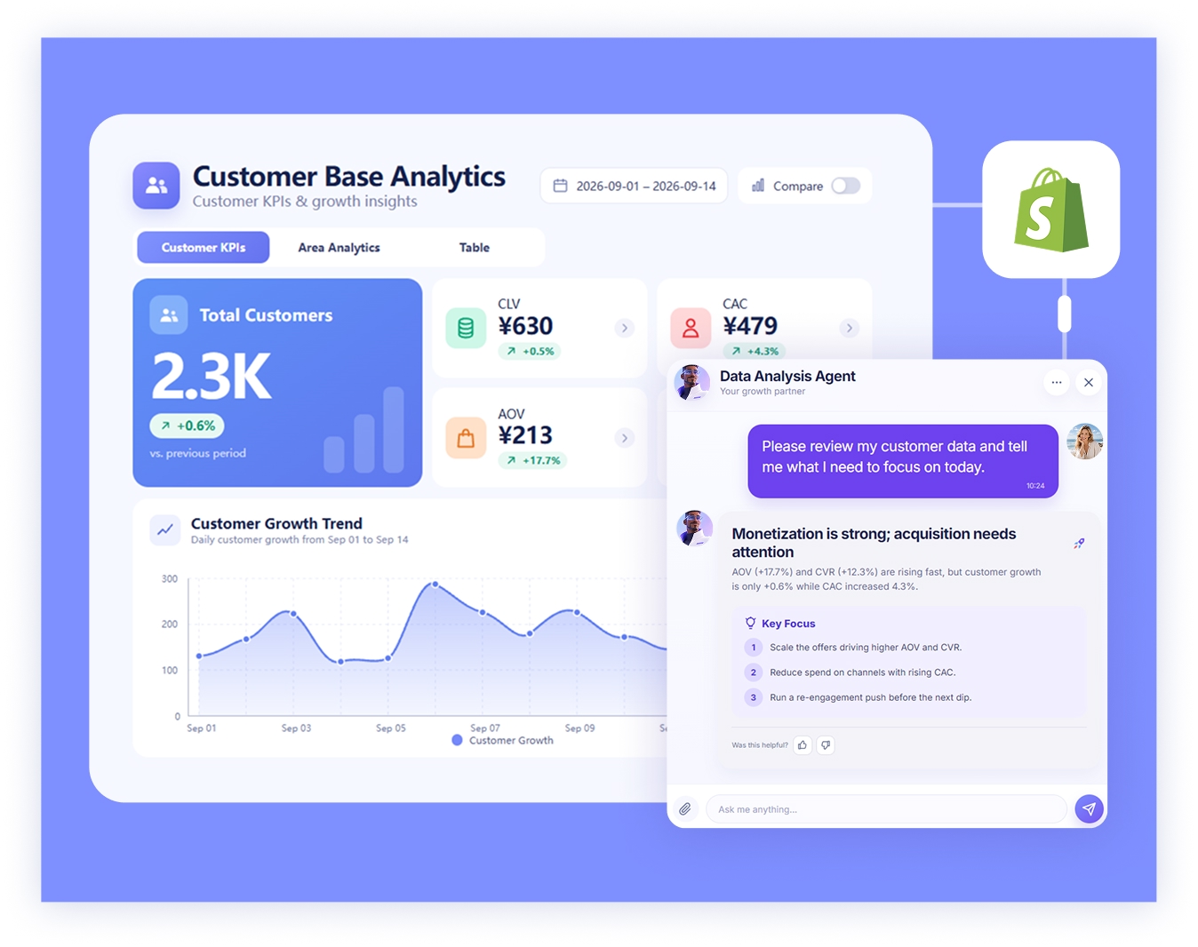 Customer base analytics dashboard with AI recommendations